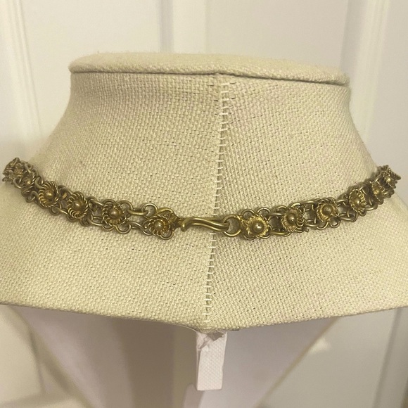 Vintage Brass Filigree Rosette Bib Necklace w/ Tiny Dangling Bells. - Picture 6 of 8